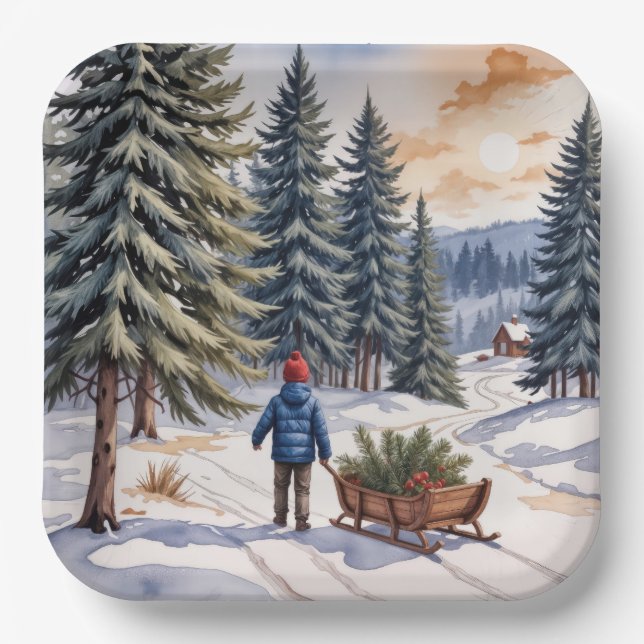 Assiettes En Carton Boy Pulling a Sled With Christmas Evergreen Boughs (Recto)