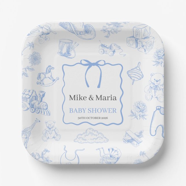Assiettes En Carton Boy Toile De Jouy Blue Baby Shower (Recto)