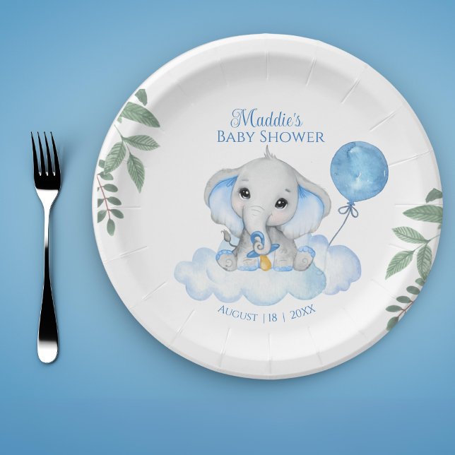 Assiettes En Carton Boys Aquarelle Elephant Baby shower Plaque en papi (Créateur téléchargé)