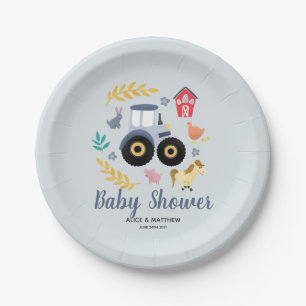 Assiettes En Carton Boys Cute Farm Animaux & Baby shower Blue Tractor