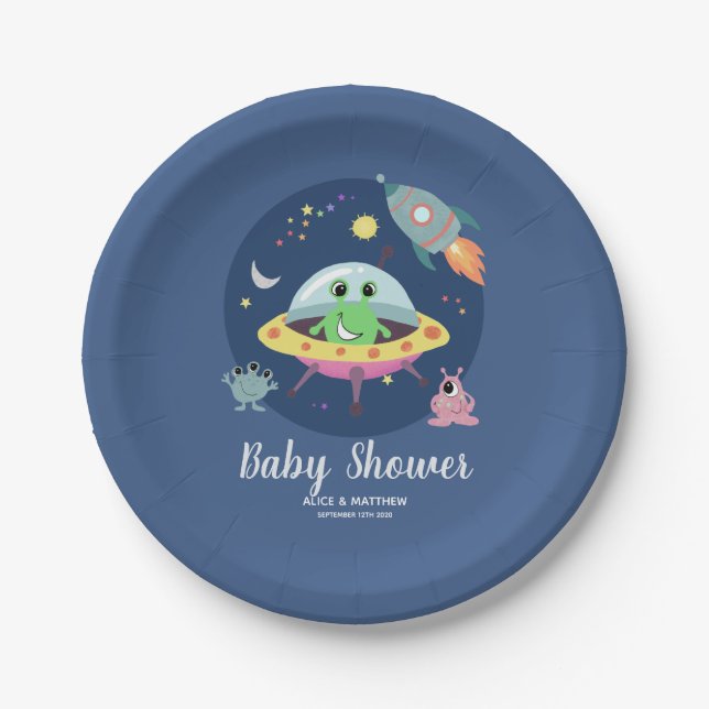 Assiettes En Carton Boys Cute Space Alien Baby shower plaque de papier (Devant)