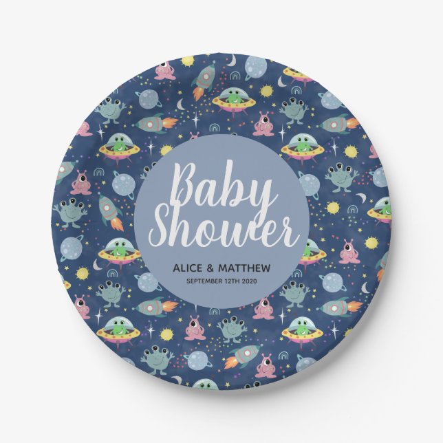 Assiettes En Carton Boys Cute Space Motif Baby shower Plaque papier (Devant)
