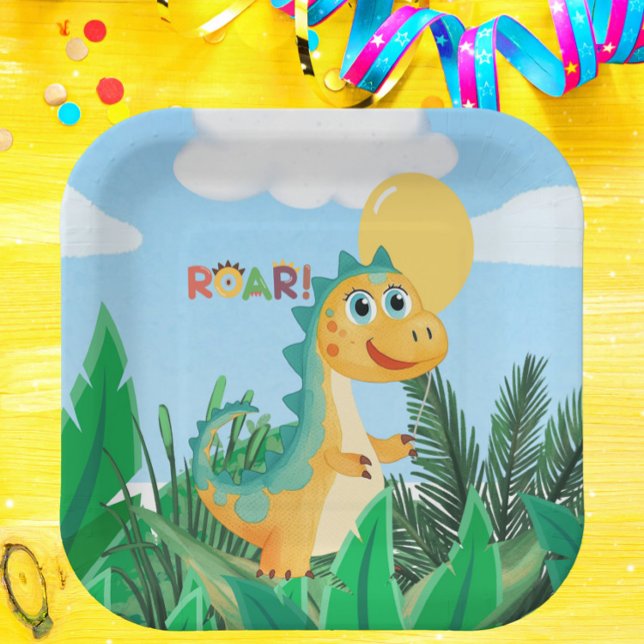 Assiettes En Carton Boys mignon moderne Dinosaur Anniversaire de enfan (Boys Cute Dinosaur Blue Kids Birthday Paper Plates)