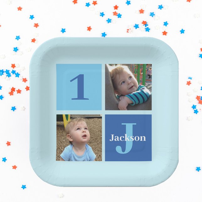 Assiettes En Carton Boys Photo Collage Custom Blue Anniversaire de enf (Créateur téléchargé)