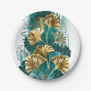 Assiettes En Carton Branche avec Feuilles d'or Ginko Biloba