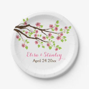 Assiettes En Carton Branche avec fleurs de cerisier rose mariage de pr