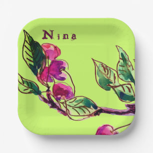 Assiettes En Carton Branche cerise sur vert par Plaques de papier Lina
