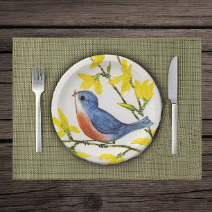 Assiettes En Carton Branche de l'arbre d'oiseaux bleu chantant mignon
