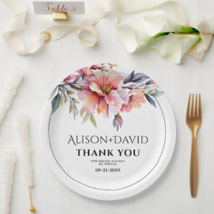 Assiettes En Carton Branche de rhododendron et fleurs rose pêche maria