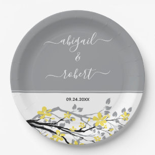 Assiettes En Carton Branche grise avec fleurs jaunes, initiales mariag