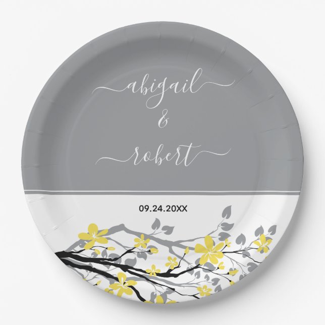 Assiettes En Carton Branche grise avec fleurs jaunes, initiales mariag (Devant)