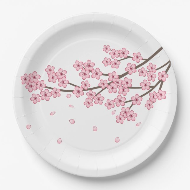 Assiettes En Carton Branche japonaise de fleurs de cerisier Sakura (Devant)