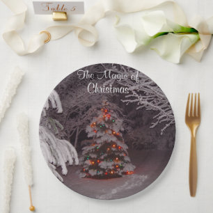 Assiettes En Carton Branches couvertes de neige Lumières de Noël