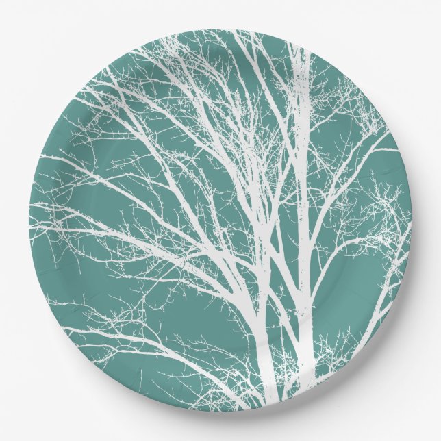 Assiettes En Carton Branches d'arbre Turquoise vert blanc nu (Devant)