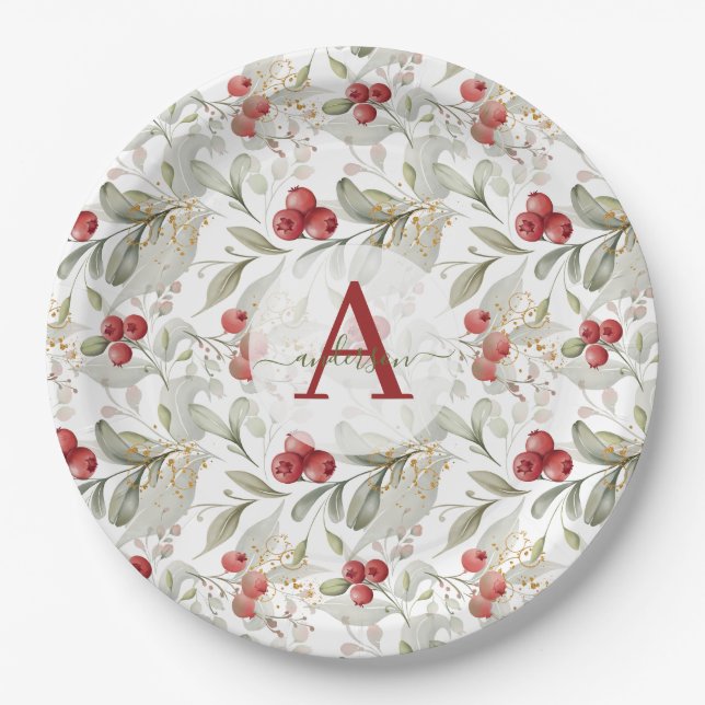 Assiettes En Carton Branches de canneberges de Berry Rouge Monogramme  (Devant)