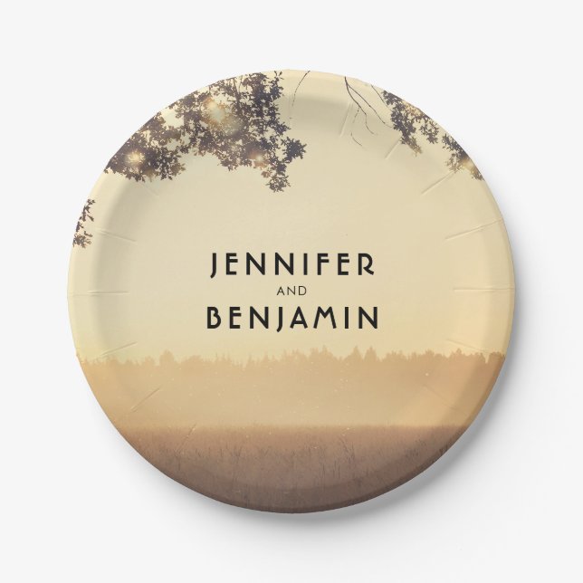 Assiettes En Carton Branches de l'arbre rustique et lumières des chaîn (Devant)