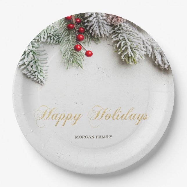 Assiettes En Carton Branches de pin enneigées Noël (Devant)