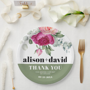 Assiettes En Carton Branches d'Eucalyptus avec roses roses rose mariag