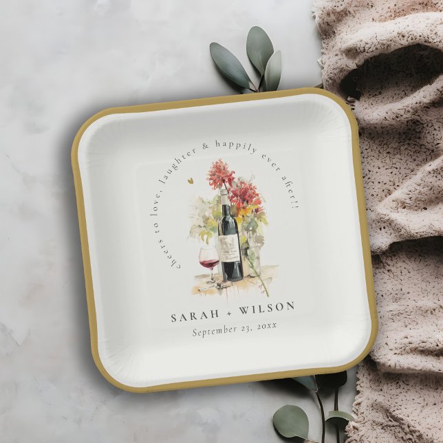 Assiettes En Carton Bravo à aimer Vin Rouge Jaune Floral Mariage (Créateur téléchargé)