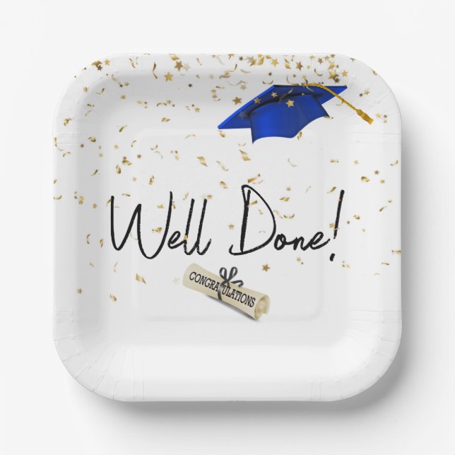 Assiettes En Carton Bravo Confetti Gold Graduation Avec Casquette Bleu (Recto)