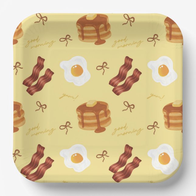 Assiettes En Carton Breakfast Brunch Theme Bacon Eggs Pancakes Pattern (Recto)