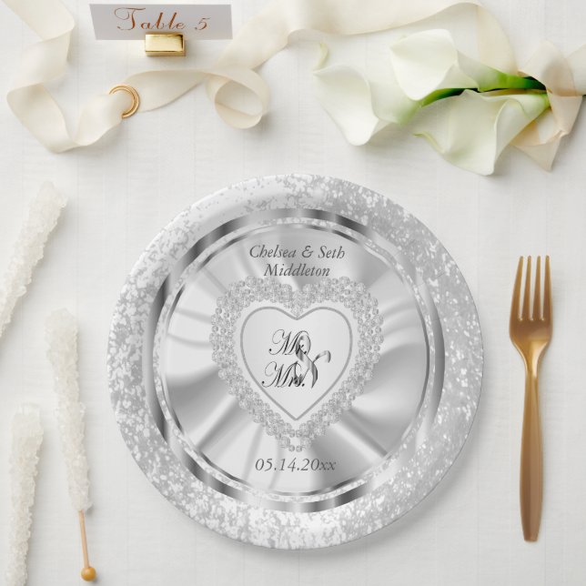 Assiettes En Carton Bride & Groom Satin et Mariage argenté (Mariage)