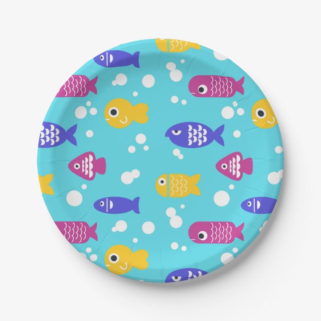 Assiettes En Carton Bright Colorful Cartoon Fish Pattern Blue (Devant)