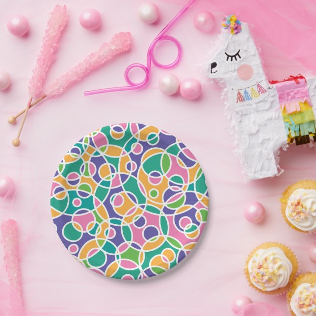 Assiettes En Carton Bright Colorful Crazy Circles Pattern (Fête)
