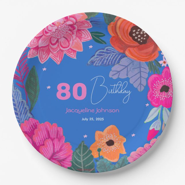 Assiettes En Carton Bright Fleur sauvage Pink Blue fête d'anniversaire (Devant)