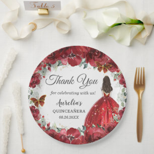 Assiettes En Carton Bright Red Floral Peony Butterflies Gold Princess