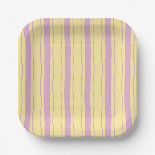 Assiettes En Carton Bright rose and Yellow Wavy Stripes (Recto)