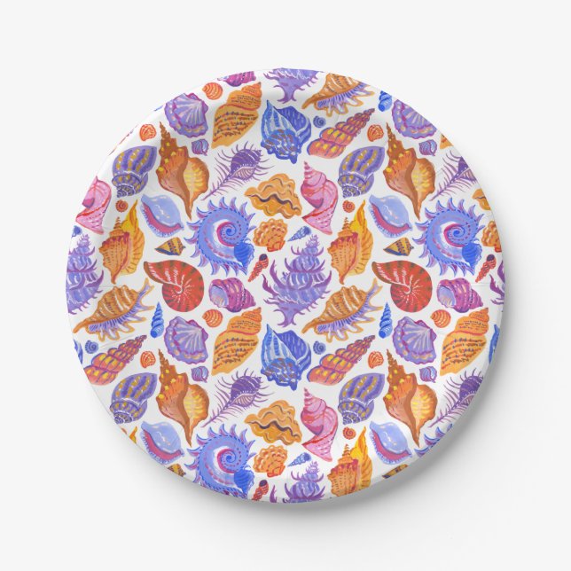 Assiettes En Carton Bright tropical seashell, main-drawn (Devant)