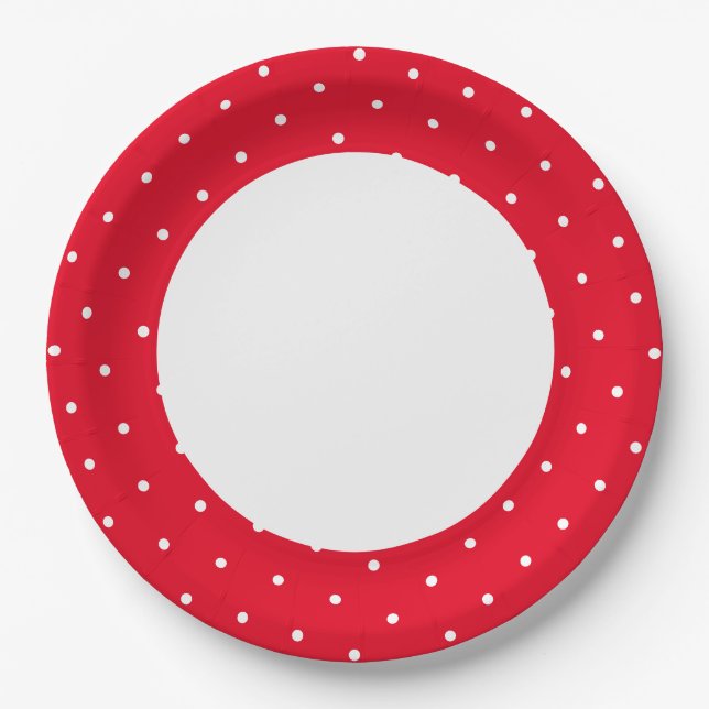 Assiettes En Carton Brillant Polka Rouge Dotée Rim Extérieur Sur Blanc (Devant)
