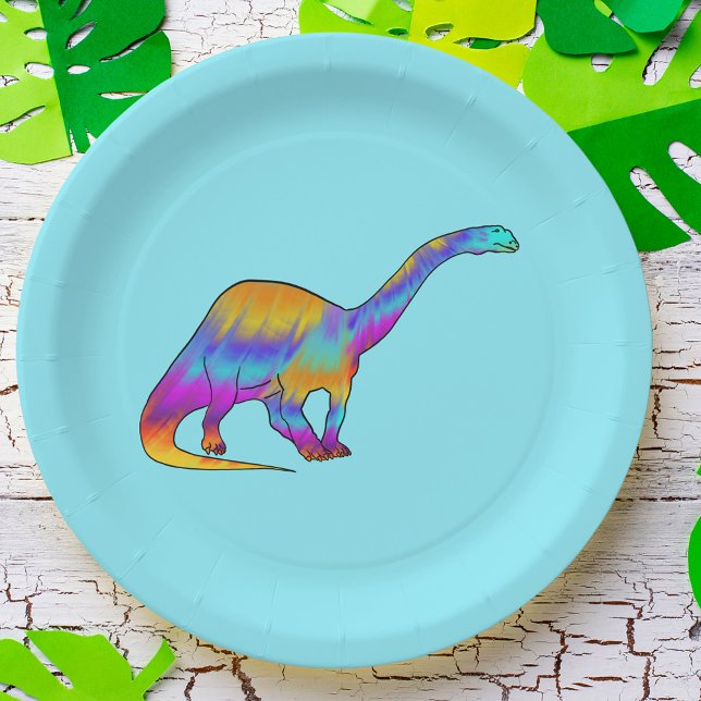 Assiettes En Carton Brontosaurus coloré Dinosaure psychédélique Art (Colorful dinosaur brontosaurus paper plate)