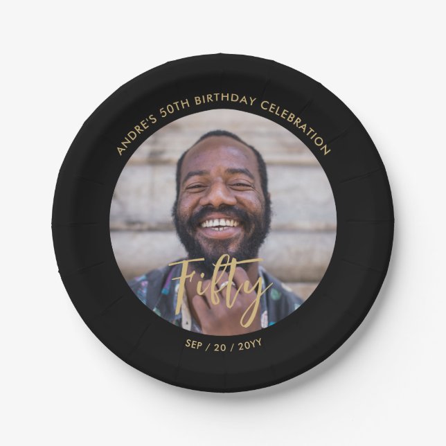 Assiettes En Carton Brosse Lettering Photo personnalisée 50e fête d'an (Devant)