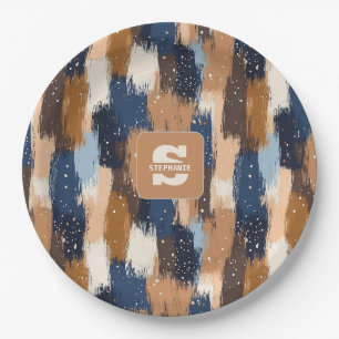 Assiettes En Carton Brosses Abstraites en bleu, blanc et Brown (2)