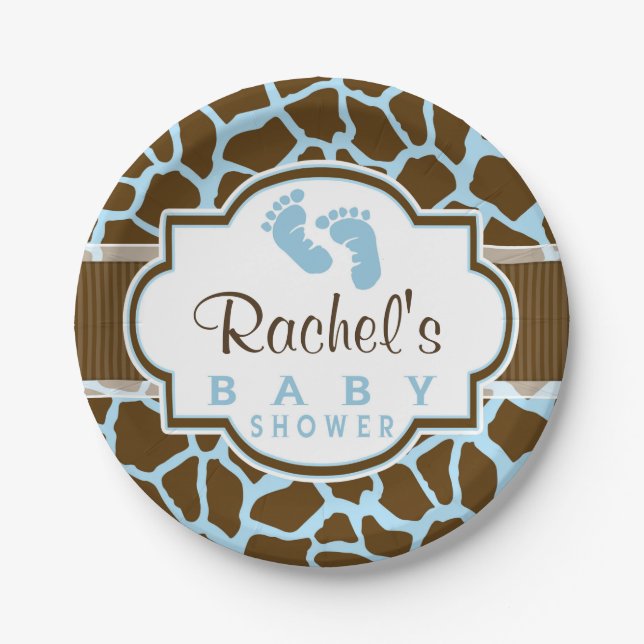 Assiettes En Carton Brown, Baby shower Poster de animal Blue Giraffe (Devant)
