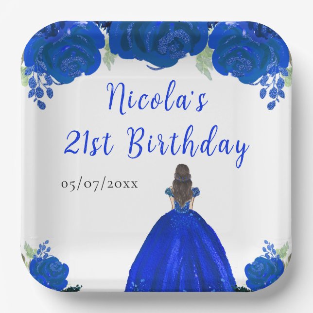 Assiettes En Carton Brown Hair Princess Blue Floral Birthday Party (Recto)