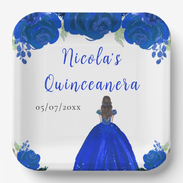 Assiettes En Carton Brown Hair Princess Blue Floral Quinceanera (Recto)