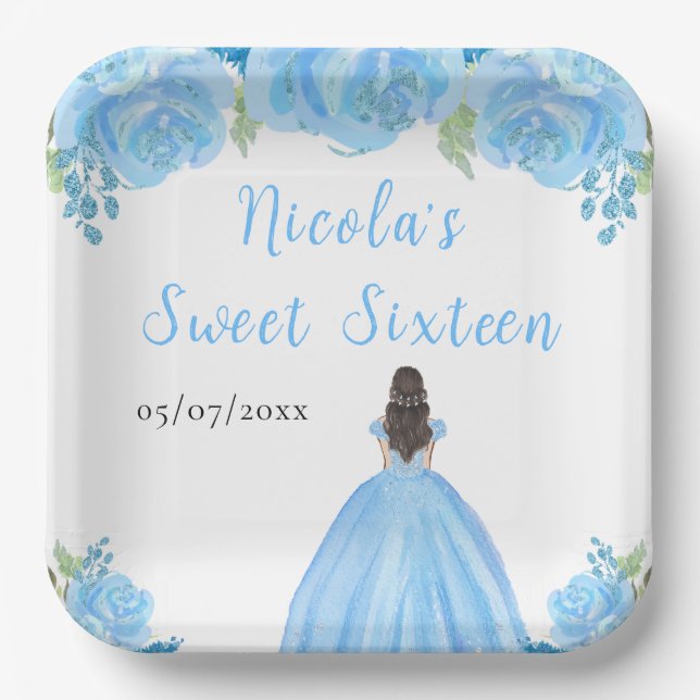 Assiettes En Carton Brown Hair Princess Blue Floral Sweet Sixteen  (Recto)
