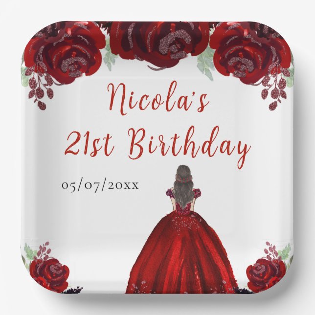 Assiettes En Carton Brown Hair Princess Red Floral Birthday (Recto)
