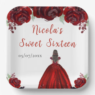 Assiettes En Carton Brown Hair Princess Red Floral Sweet sixteen