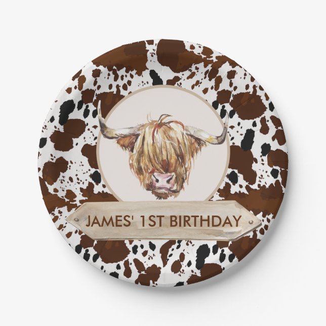 Assiettes En Carton Brown Highland Cow Cow Imprimer Anniversaire (Devant)