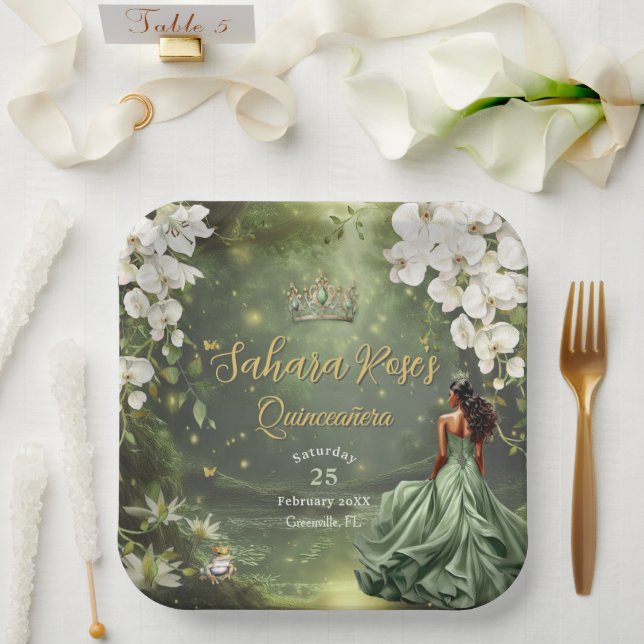 Assiettes En Carton Brown Princess and Frog Sage Green Quinceanera 16 (Mariage)