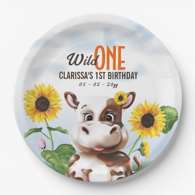 Assiettes En Carton Brown vache tournesol fille premier anniversaire (Devant)