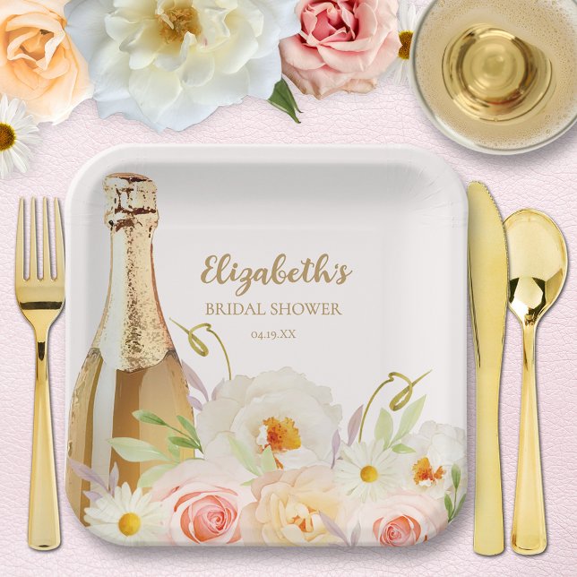 Assiettes En Carton Brunch & Bubbly Fête des mariées florale (Brunch & Bubbly garden floral bridal shower square paper plates - 2 sizes available)