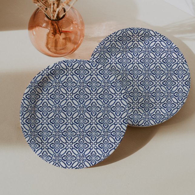 Assiettes En Carton Brunch de Baby Shower Carreaux Bleus Et Blancs Esp (Dark blue and white italian tile print paper plates for bridal shower or baby shower party)