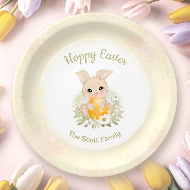 Assiettes En Carton Brunch de Pâques Chasse aux oeufs Lapin Jaune Nom  (Easter Brunch Egg Hunt Yellow Bunny Family Name Paper Plates)