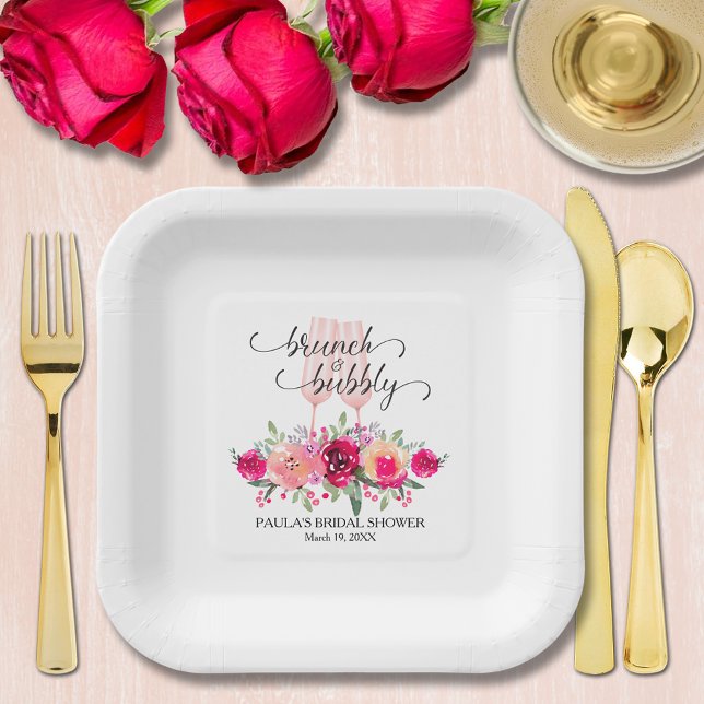 Assiettes En Carton Brunch élégant et Fête des mariées fleurie Bubbly (Chic champagne glasses and floral brunch and bubbly bridal shower personalized square paper plates)