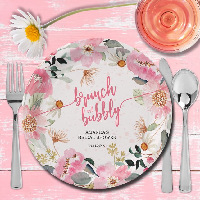 Assiettes En Carton Brunch et Bubbly Fête des mariées florale rose (Brunch and bubbly pink watercolor floral bridal shower paper plates)